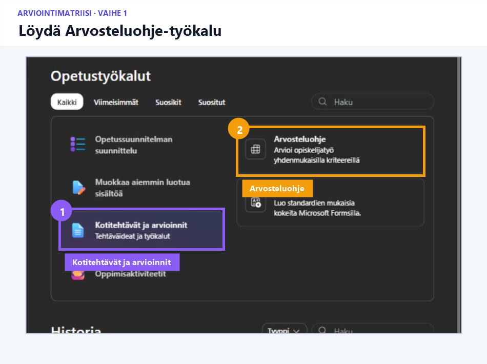 Copilotin Opeta-näkymä, jossa on korostettu Kotitehtävät ja arvioinnit -välilehti ja Arvosteluohje-työkalu.