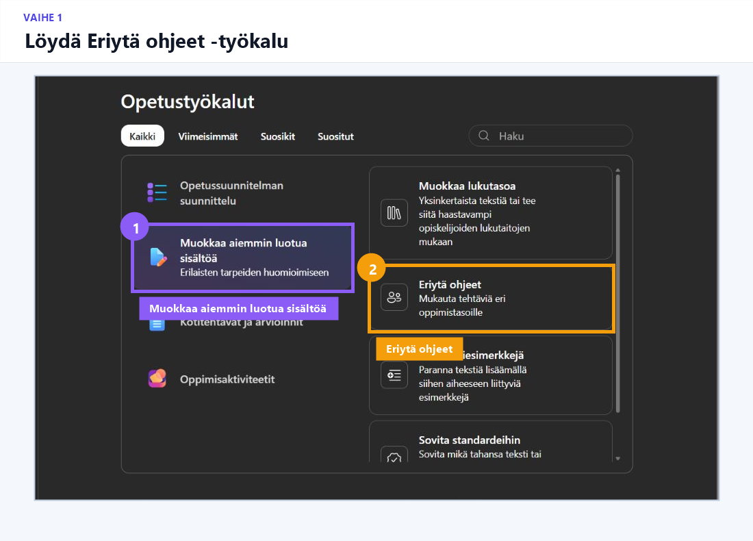 Copilotin Opeta-näkymä, jossa on korostettu Muokkaa aiemmin luotua sisältöä -välilehti ja Eriytä ohjeet -työkalu.
