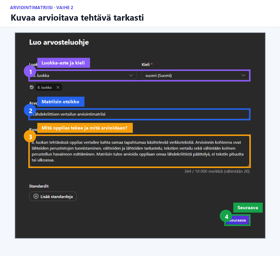 Arvosteluohje-lomake, jossa on korostettu luokka-asteen ja aineen valinta sekä otsikko- ja kuvauskentät.