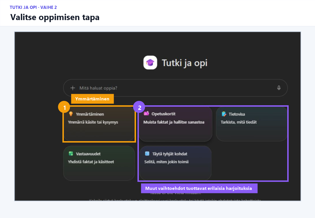 Tutki ja opi -agentin aloitusnäkymä, jossa on korostettu Ymmärtäminen-vaihtoehto.