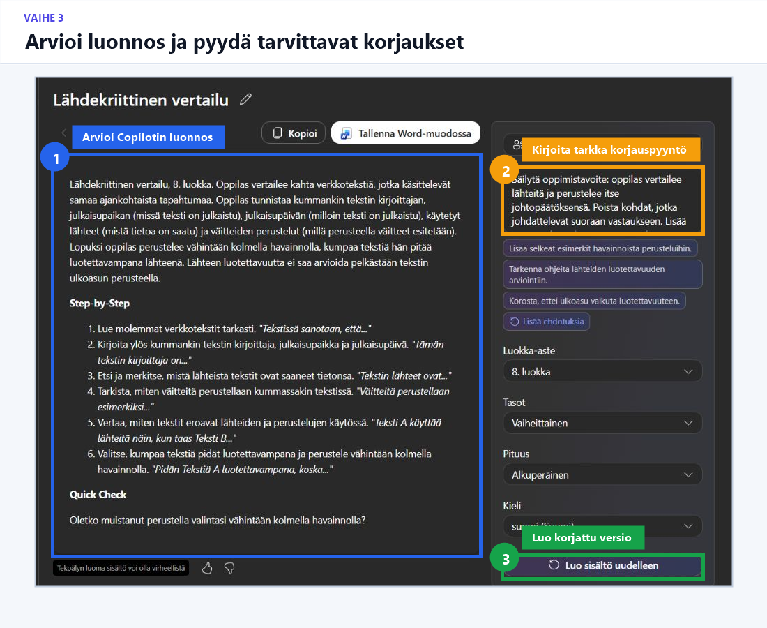 Copilotin tuottama luonnos ja muokkauskenttä, jossa on korostettu korjauspyynnön kirjoittaminen.