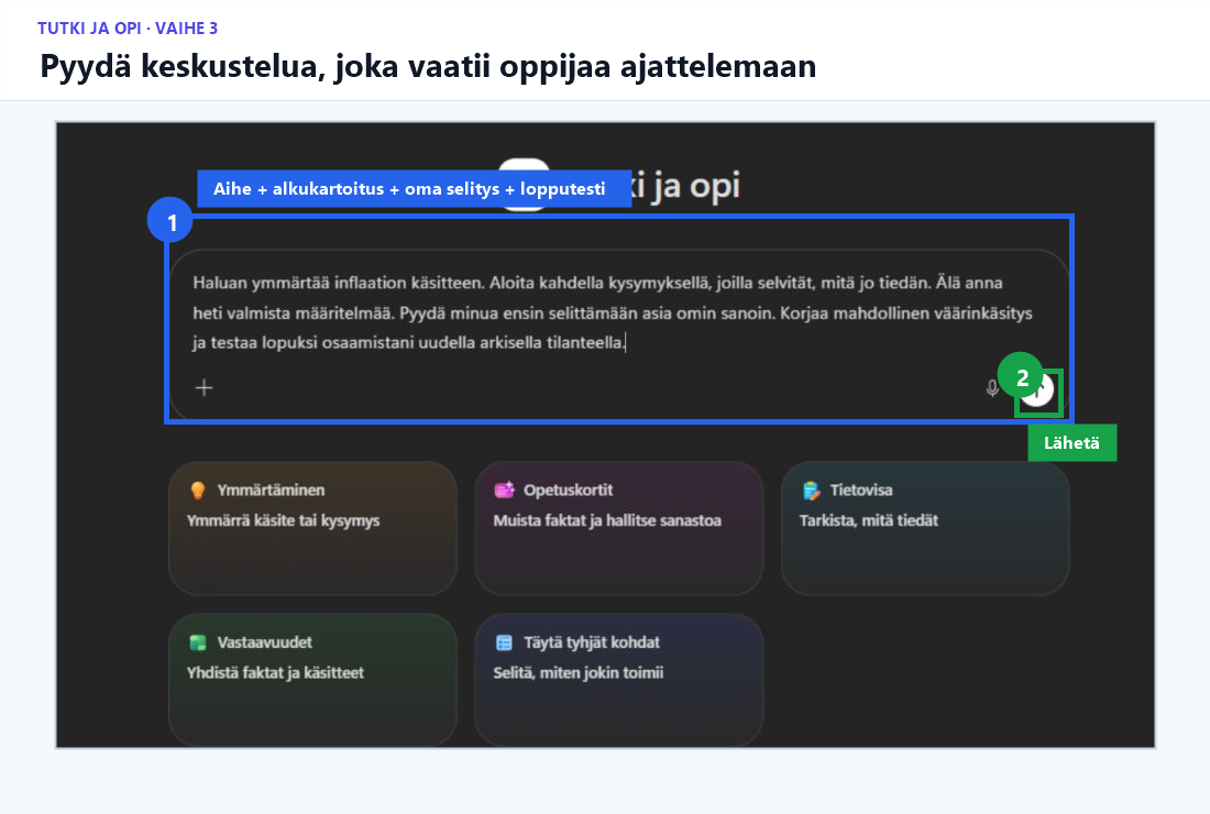 Keskustelukenttä, jossa on korostettu oppimispyynnön kirjoittaminen ja lähettäminen.