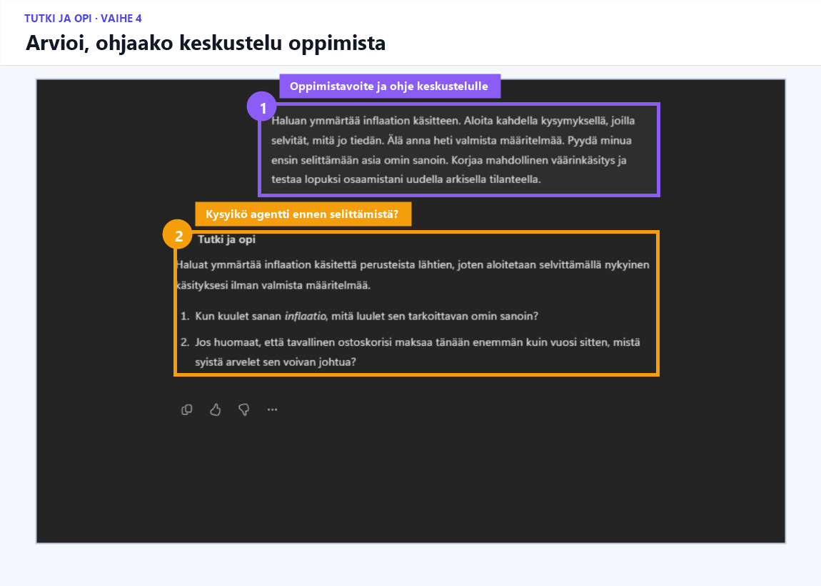 Agentin ensimmäinen vastaus, jossa on korostettu oppijalle esitetyt kysymykset.