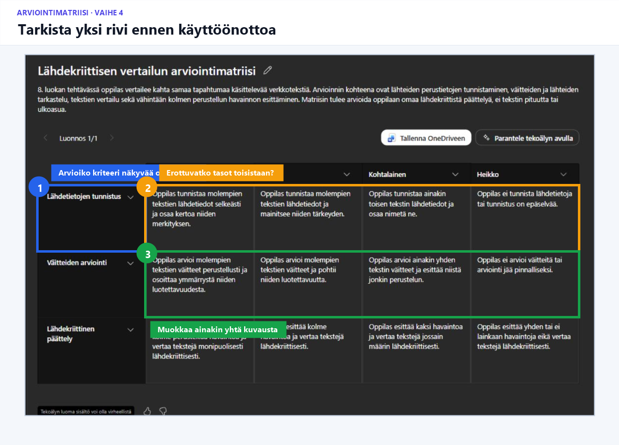 Valmis arviointimatriisi, jossa on korostettu yhden kriteerin rivi ja muokkausmahdollisuus.